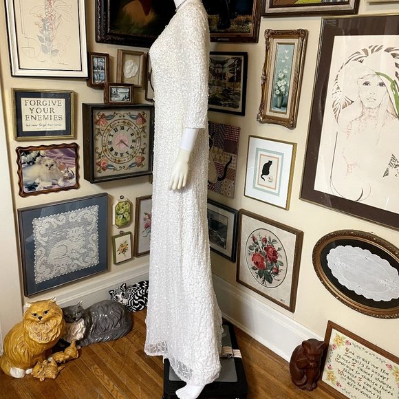 NWT Adrianna Papell White 3/4 Sleeve Scoop Back Sequin Gown Formal Maxi Size 8 - Picture 2 of 10